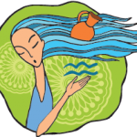 Aquarius symbol and woman with blue flowing hair bearing a water jug