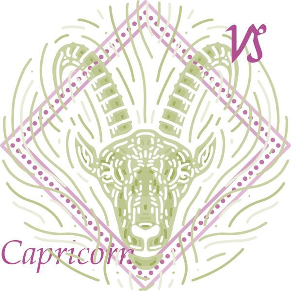 Green illustration of a goat sits inside a pink diamond-shaped frame with the Capricorn symbol and the word "Capricorn"