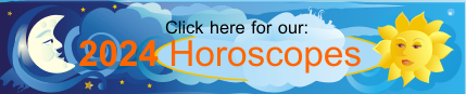 Image: Banner with moon on the left, sun on the right. Text: Click here for our: 2024 Horoscopes