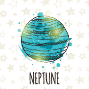 Text: Neptune. Image: Stylized blue and green planet