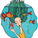 Pisces symbol and woman with hair resembling seaweed in a fish bowl