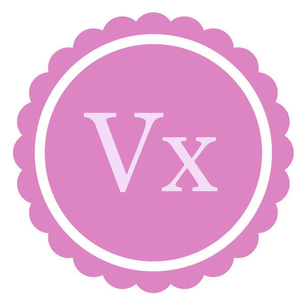 A pink badge with the symbol ("Vx") in the center